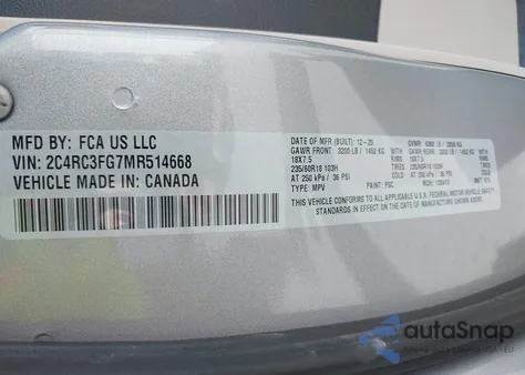 2021 Chrysler Pacifica Touring Awd z USA, uszkodzony, nr VIN 2C4RC3FG7MR514668